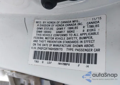 2016 Honda Civic Ex из США, поврежденный, VIN 2HGFC2F74GH509775